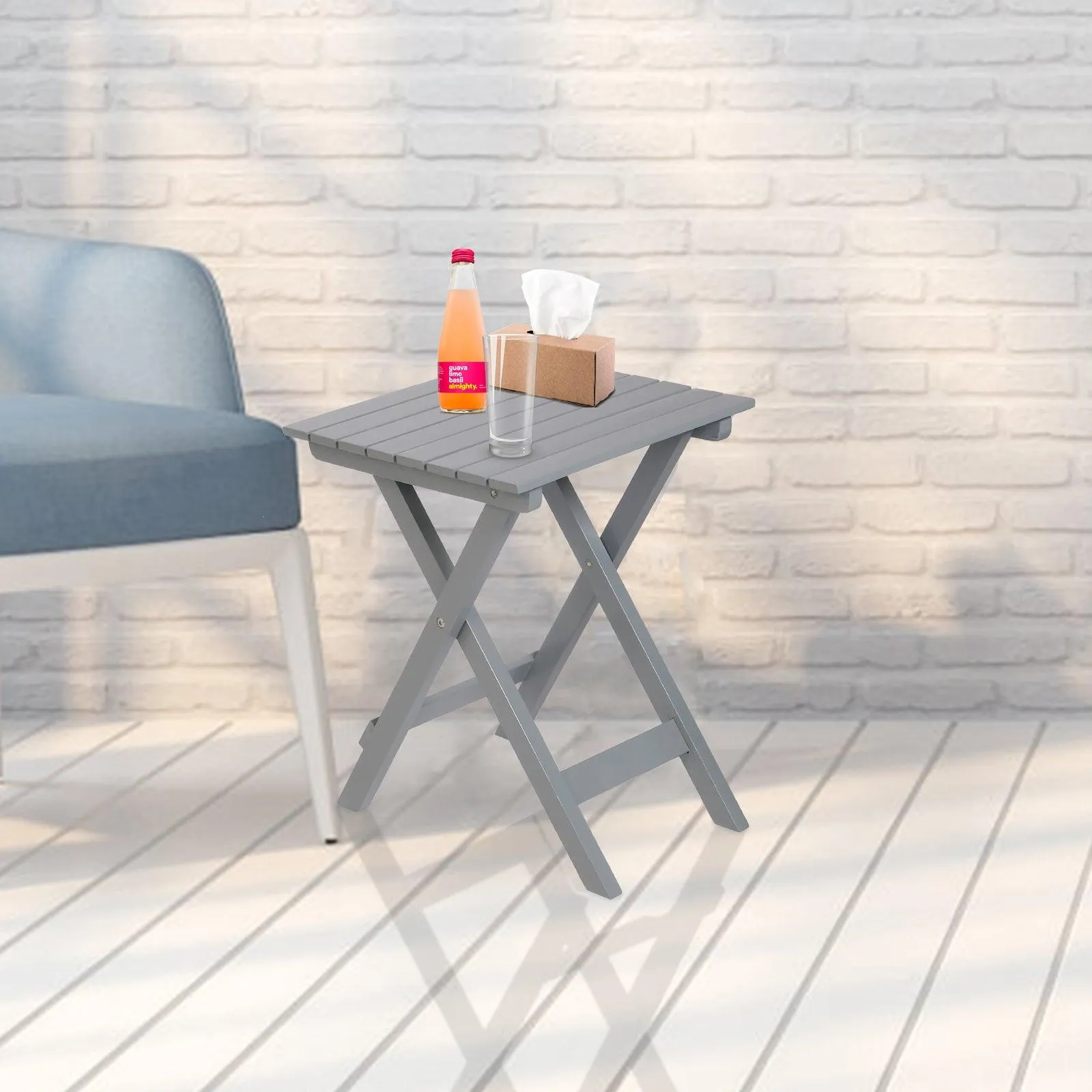 13.7" Square Outdoor Patio Folding Side Table Wood Portable End Table, Gray