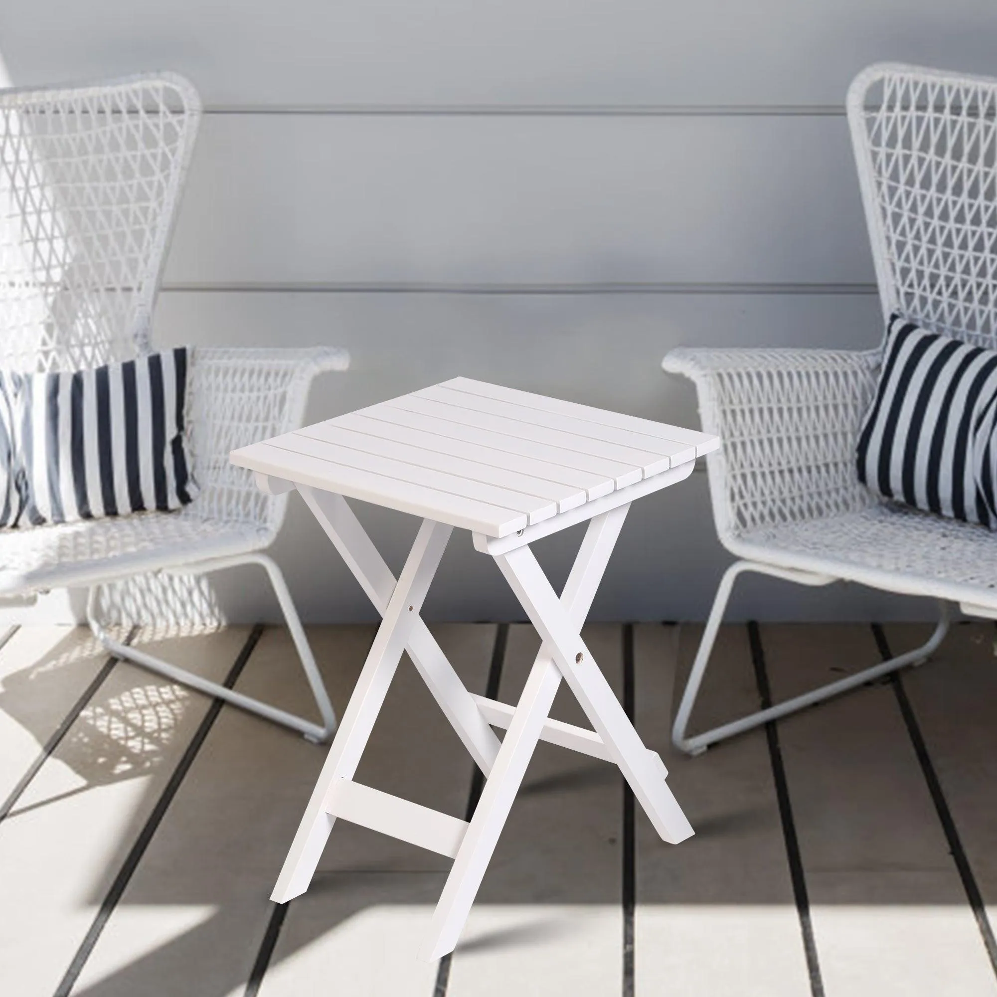 13.7" Square Outdoor Patio Folding Side Table Wood Portable End Table, White