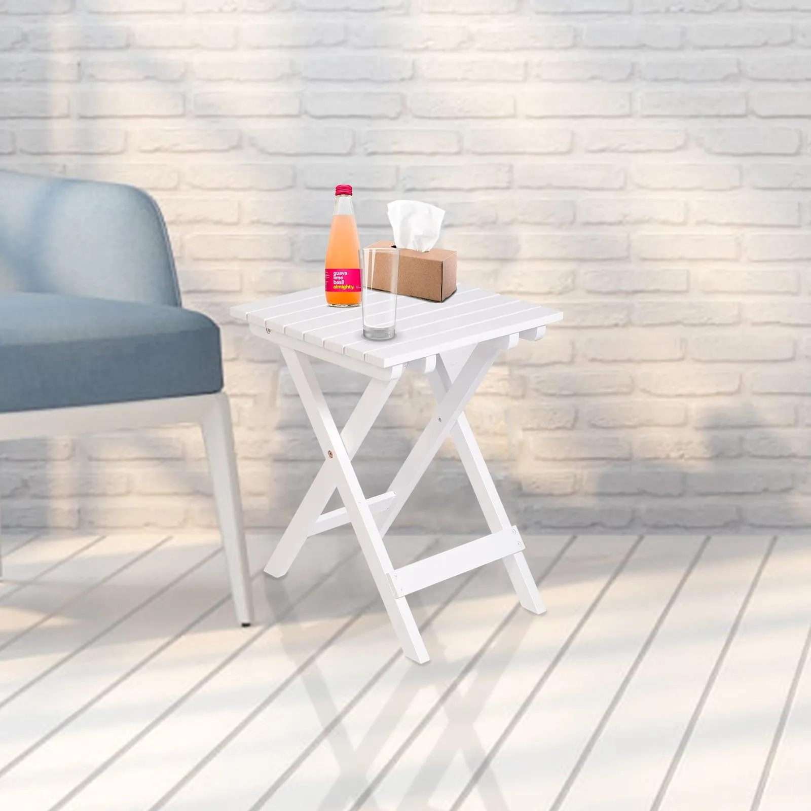13.7" Square Outdoor Patio Folding Side Table Wood Portable End Table, White