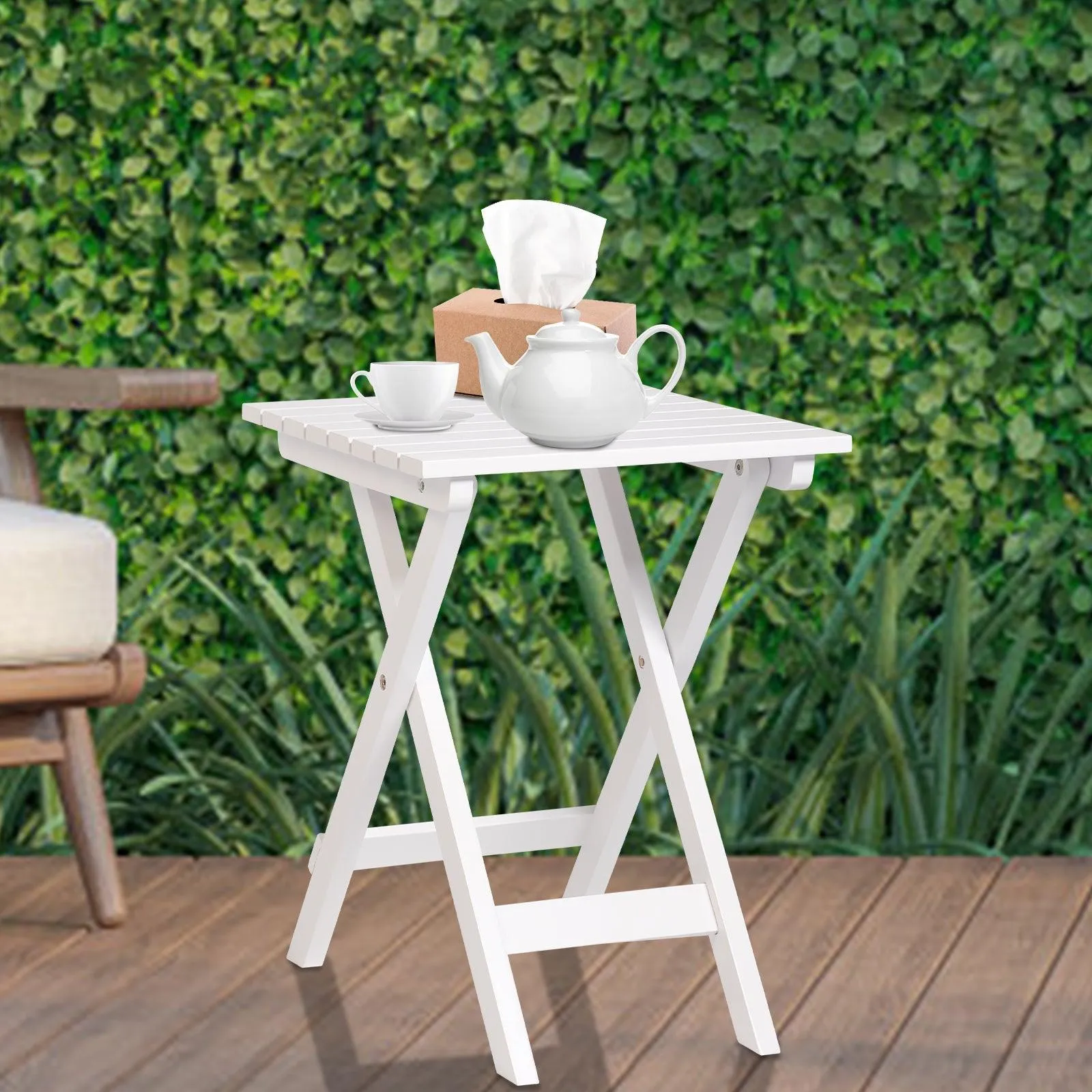 13.7" Square Outdoor Patio Folding Side Table Wood Portable End Table, White