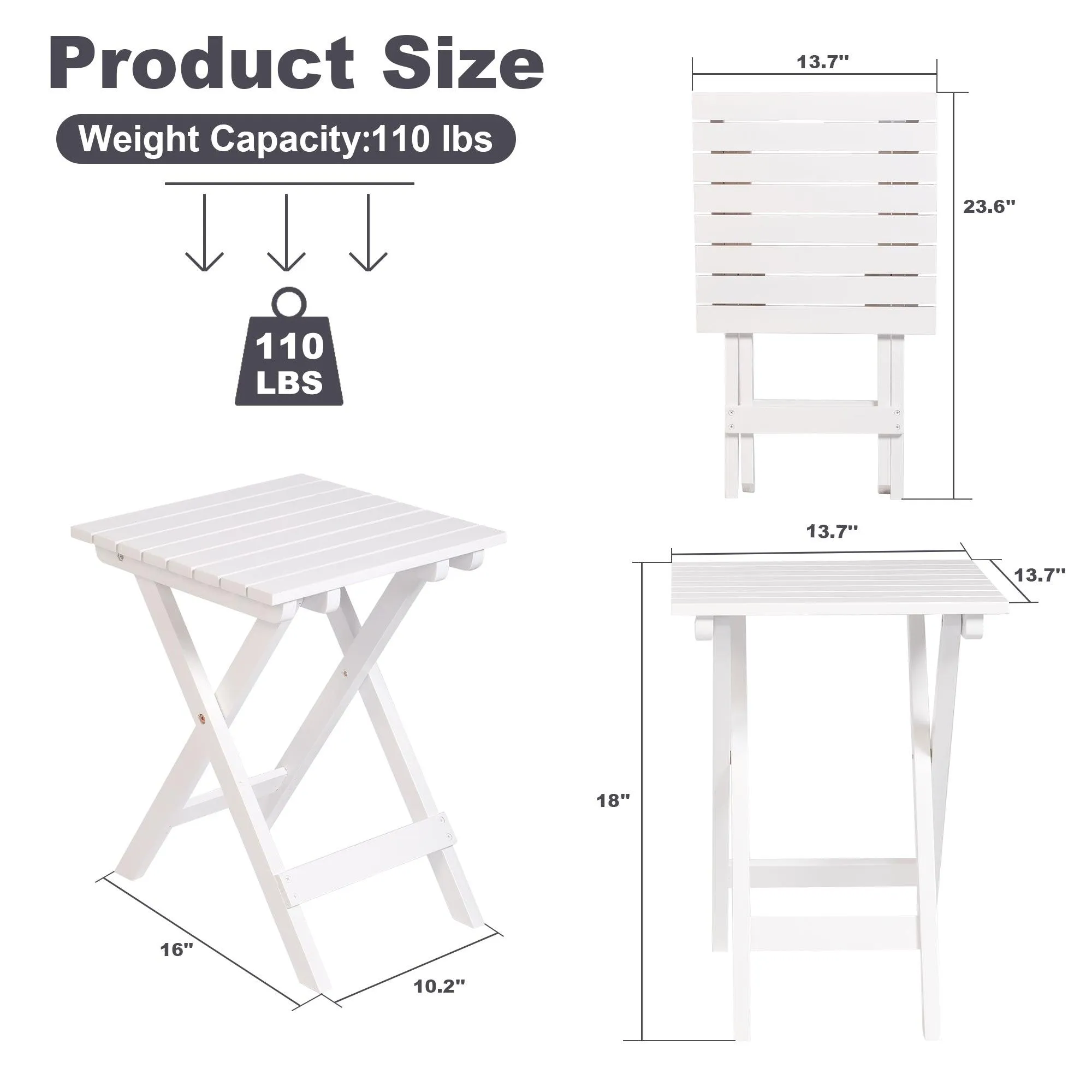 13.7" Square Outdoor Patio Folding Side Table Wood Portable End Table, White