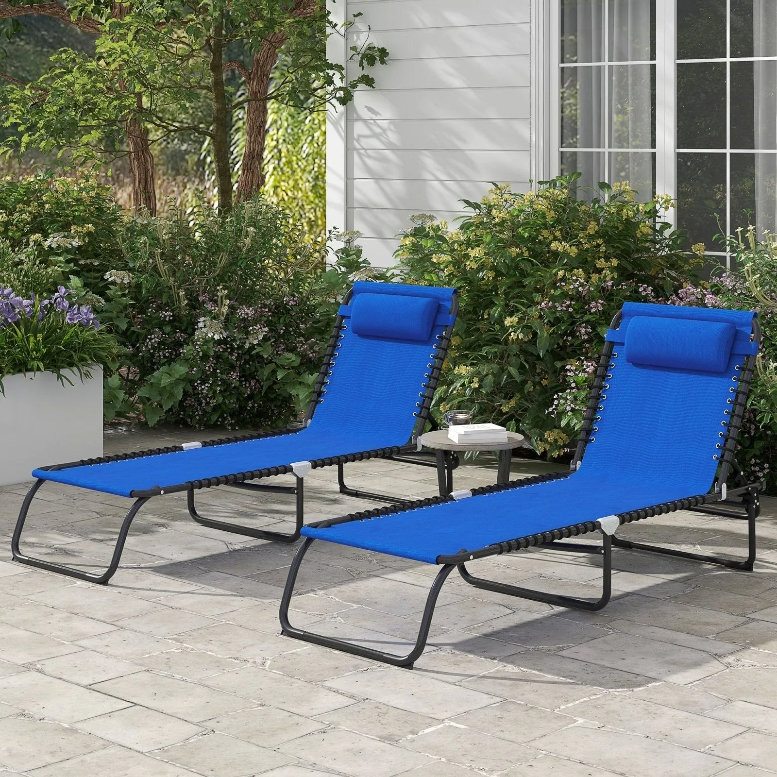 2-Piece Folding Sun Lounger Beach Chaise Chair Garden Cot Camping Recliner with 4 Position Adjustable Blue
