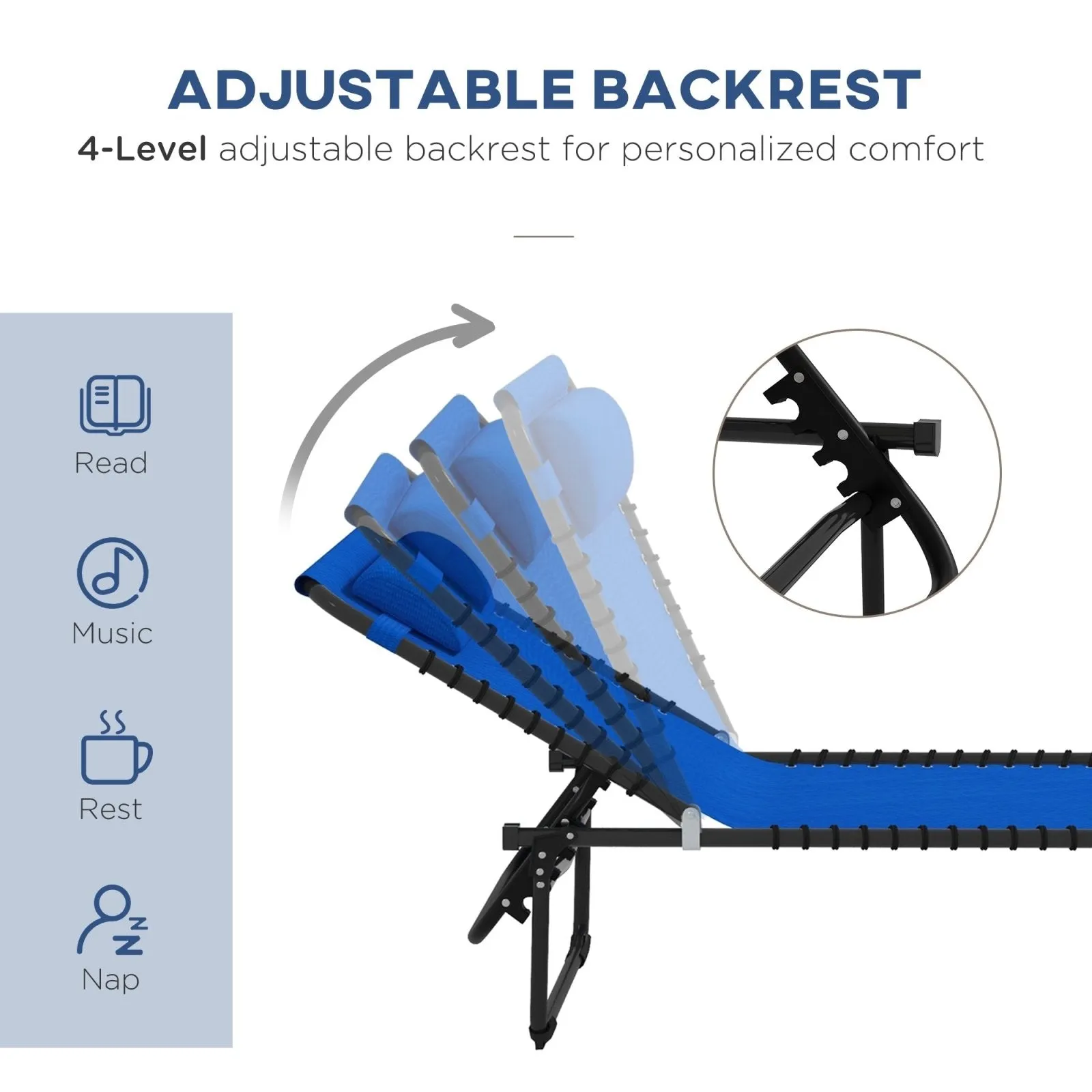 2-Piece Folding Sun Lounger Beach Chaise Chair Garden Cot Camping Recliner with 4 Position Adjustable Blue