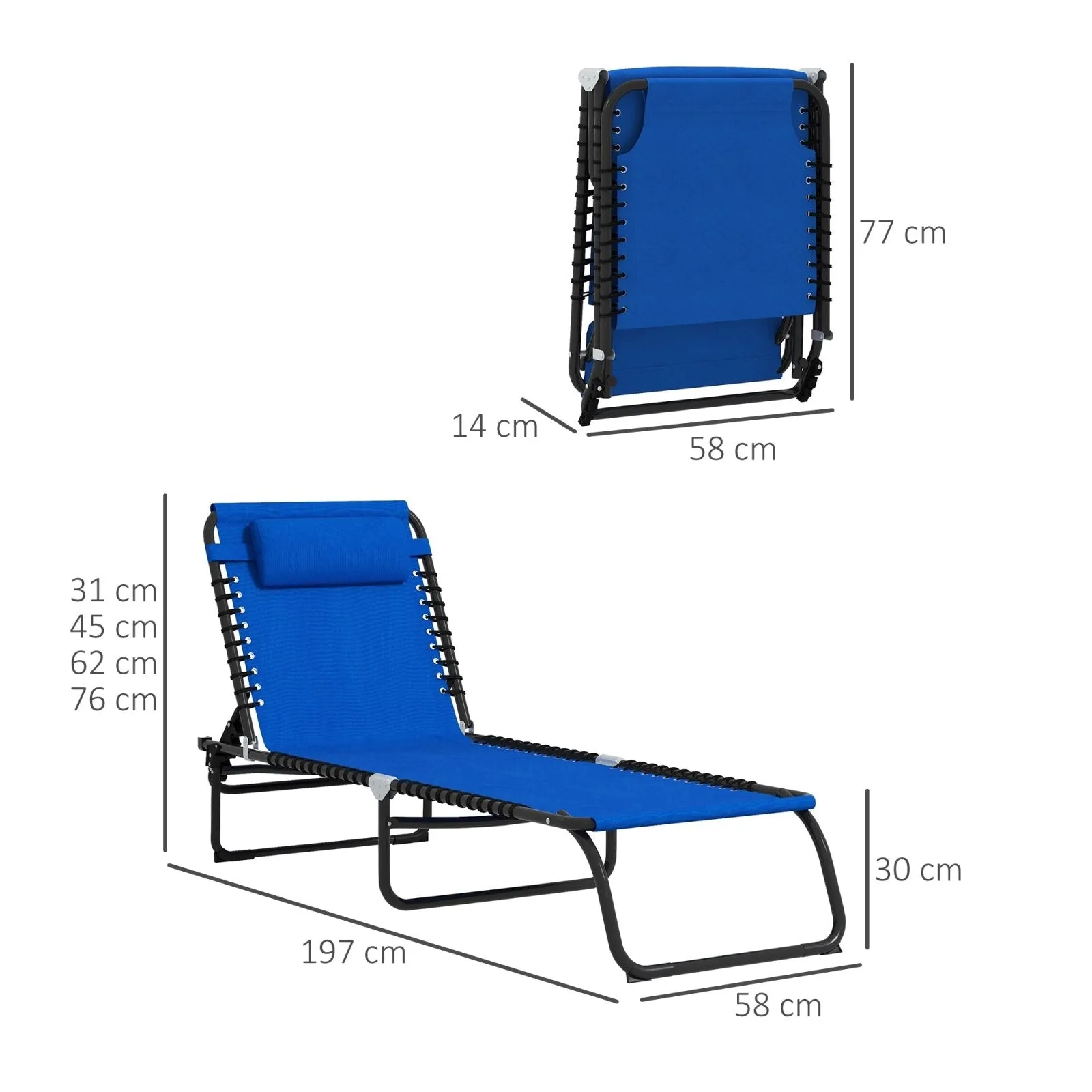 2-Piece Folding Sun Lounger Beach Chaise Chair Garden Cot Camping Recliner with 4 Position Adjustable Blue