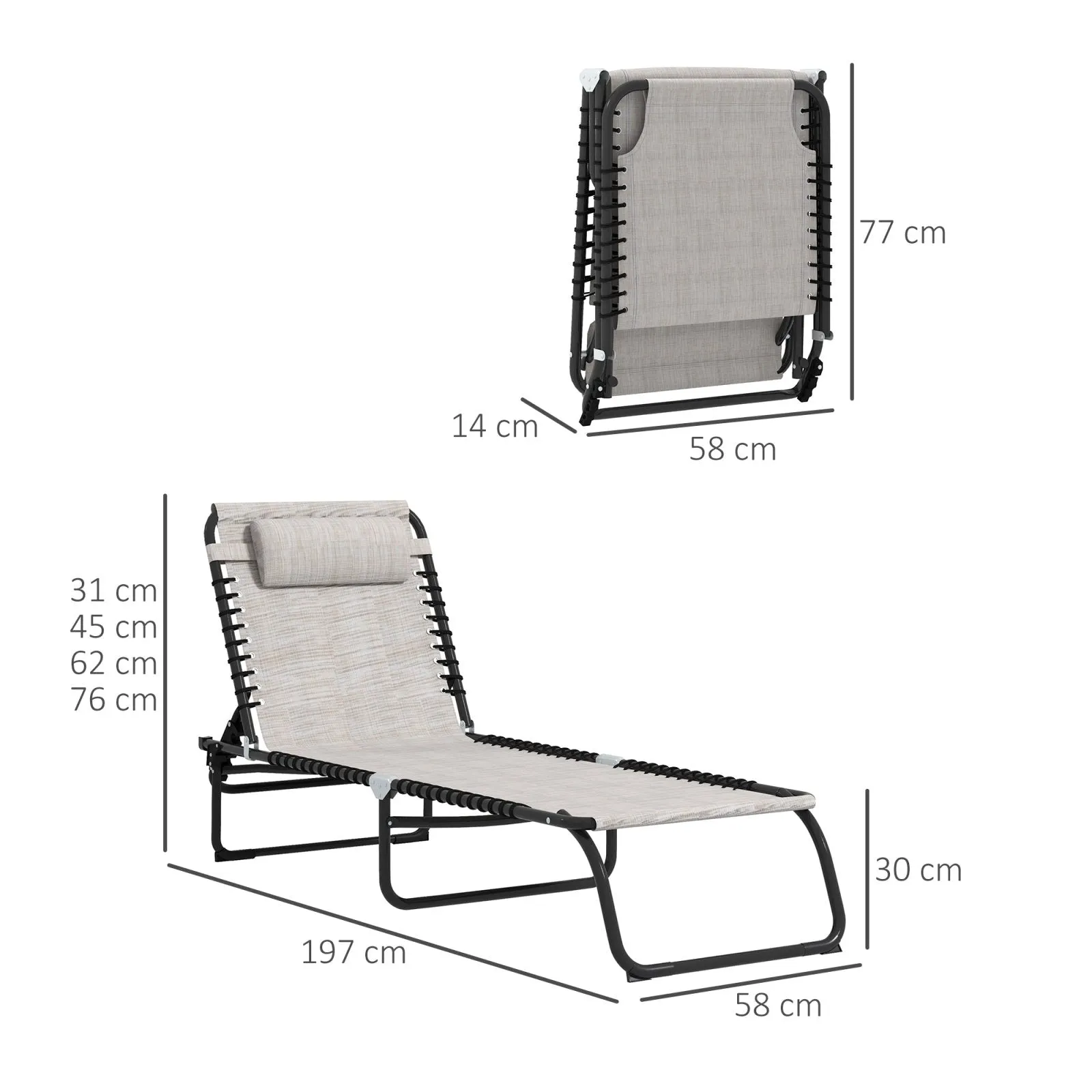 2-Piece Folding Sun Lounger Beach Chaise Chair Garden Cot Camping Recliner with 4 Position Adjustable Cream White
