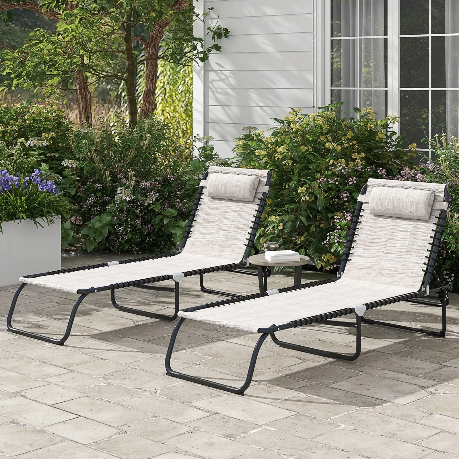 2-Piece Folding Sun Lounger Beach Chaise Chair Garden Cot Camping Recliner with 4 Position Adjustable Cream White