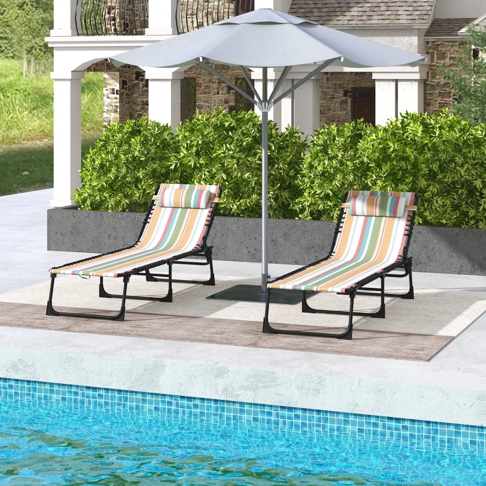 2-Piece Folding Sun Lounger Beach Chaise Chair Garden Cot Camping Recliner with 4 Position Adjustable Multicolored