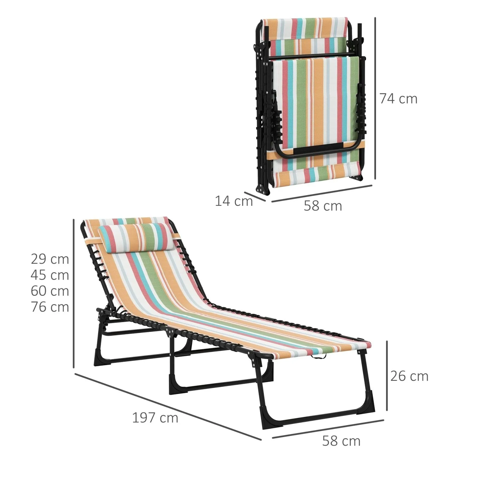 2-Piece Folding Sun Lounger Beach Chaise Chair Garden Cot Camping Recliner with 4 Position Adjustable Multicolored