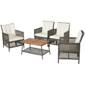 5 Pieces Patio Rattan Furniture Set Cushioned Sofa Armrest Wooden Tabletop-Off White 5 Pieces Patio Rattan Furniture Set Cushioned Sofa Armrest Wooden Tabletop-Off White