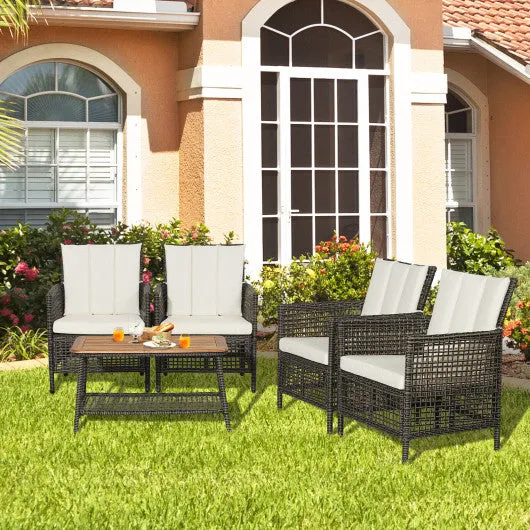 5 Pieces Patio Rattan Furniture Set Cushioned Sofa Armrest Wooden Tabletop-Off White