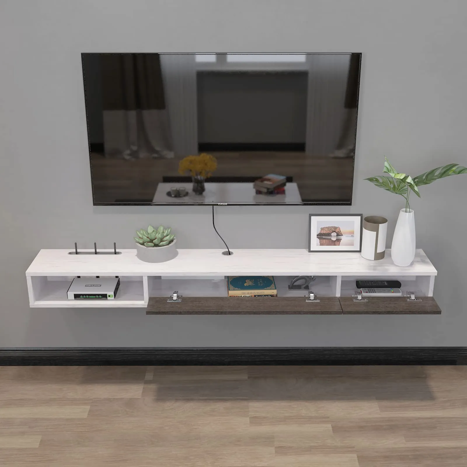 70" Dueta Floating TV Stand, Greyish White