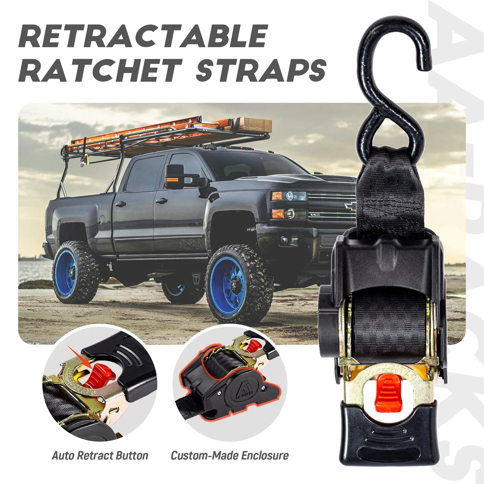 AA-Racks Heavy Duty Retractable Ratchet Straps (2 Pack) - 2 Inch x 9 Ft 3300lbs Break Strength, Tie Down Straps for Securing Cargo, Truck Rack Ratchet Strap Kit with S-Hooks
