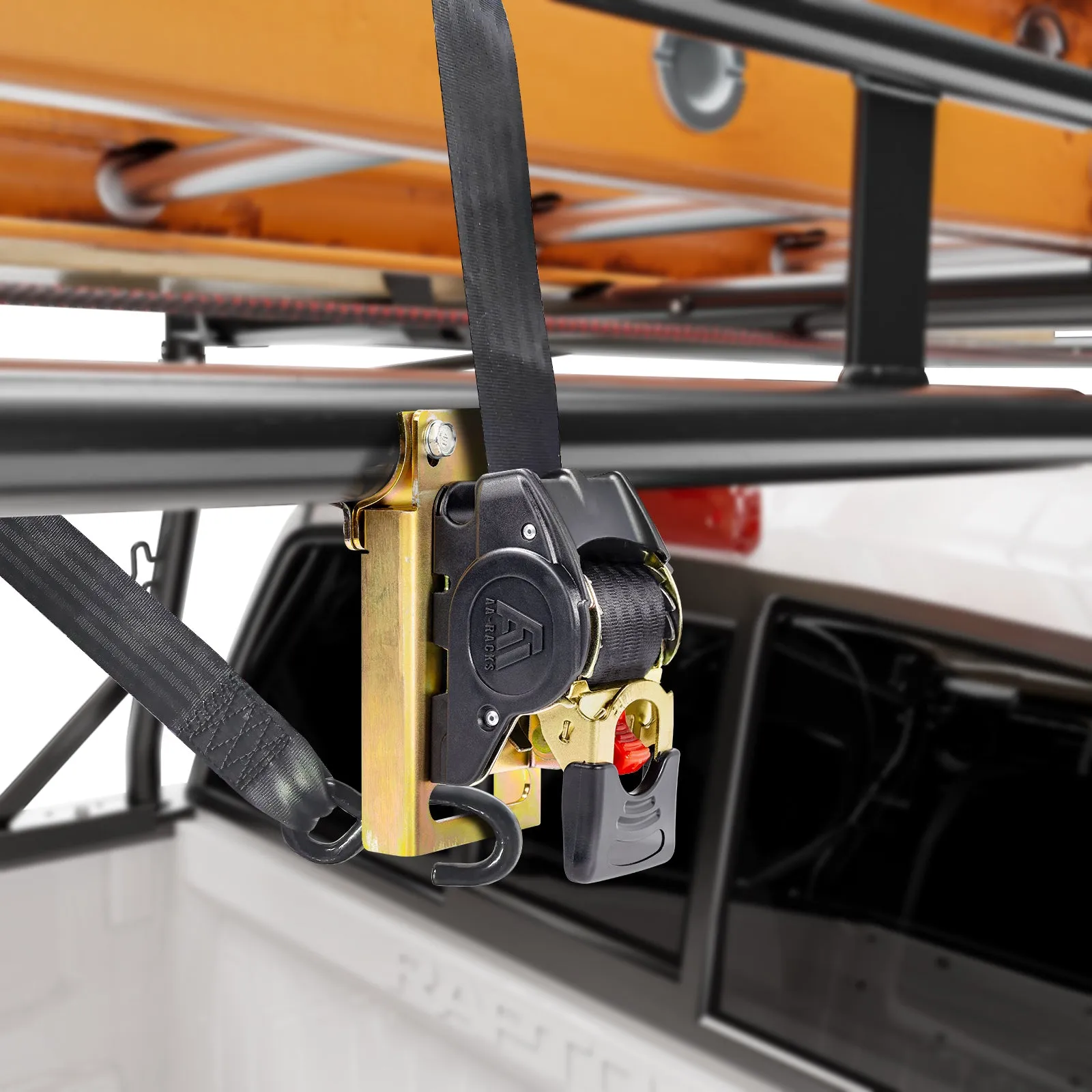 AA-Racks Heavy Duty Retractable Ratchet Straps (2 Pack) - 2 Inch x 9 Ft 3300lbs Break Strength, Tie Down Straps for Securing Cargo, Truck Rack Ratchet Strap Kit with S-Hooks
