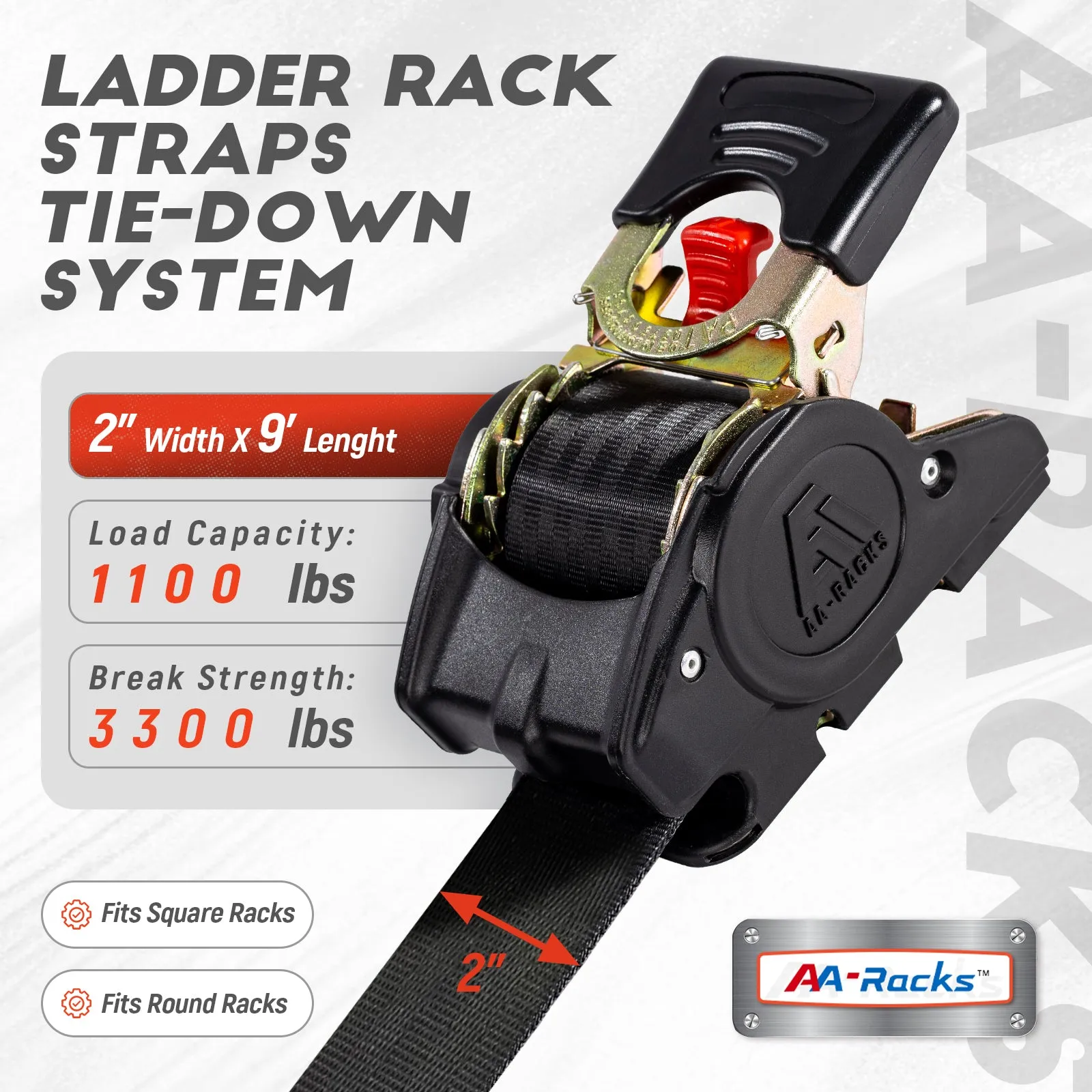 AA-Racks Heavy Duty Retractable Ratchet Straps (2 Pack) - 2 Inch x 9 Ft 3300lbs Break Strength, Tie Down Straps for Securing Cargo, Truck Rack Ratchet Strap Kit with S-Hooks