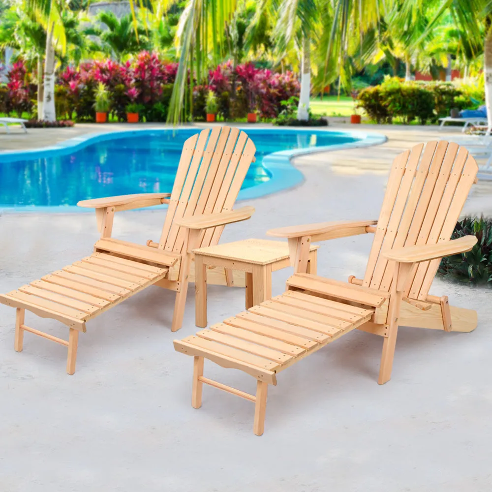 Adirondack Gardeon 3PC Outdoor Table and Chairs? Wooden Sun Lounge Beach Patio Natural