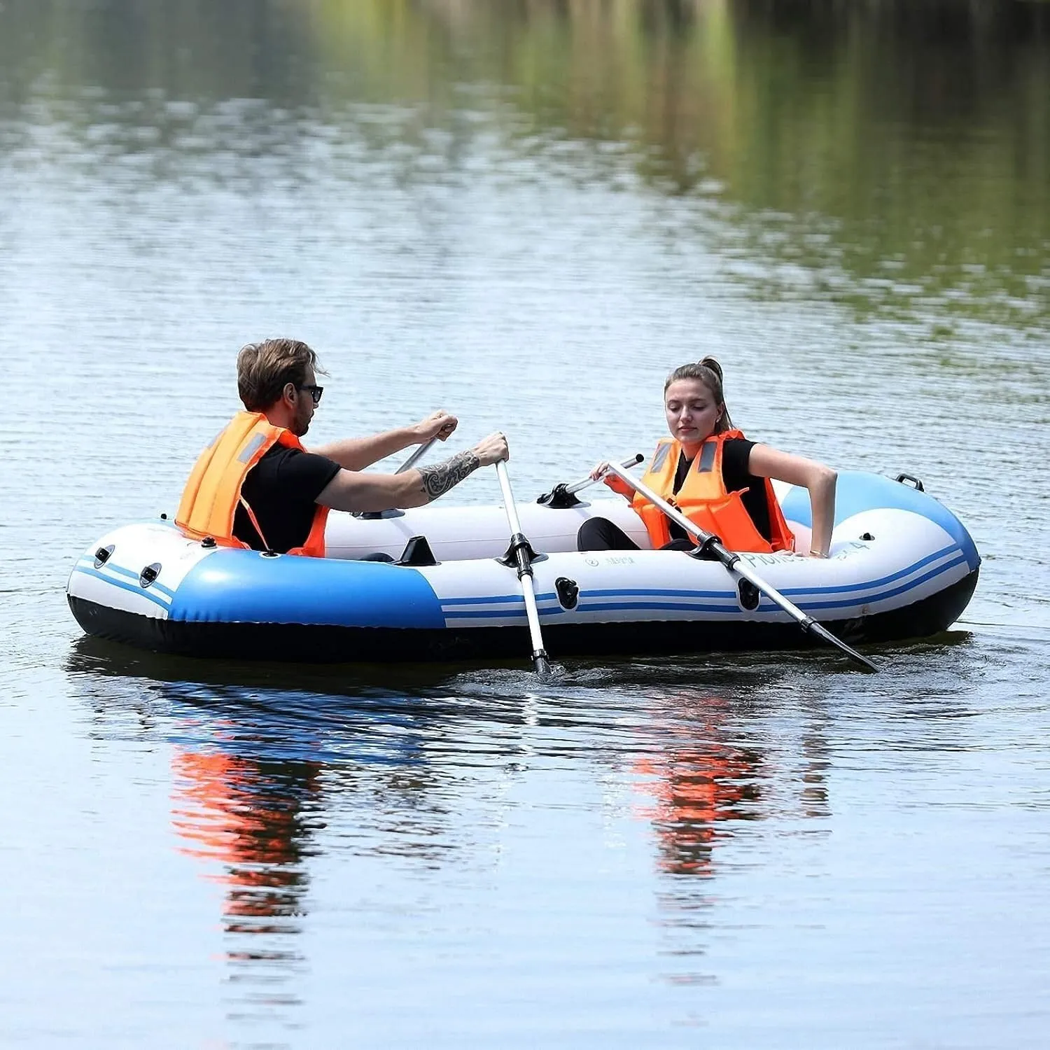Adult Inflatable Boat, 3-4 Person Rubber Dinghy, Inflatable Bamboo Raft Fishing Boat Set with Paddle and High Output Air Pump (235 * 135 * 36cm)