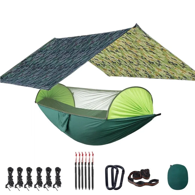 Camping Hammock with Mosquito Net, 118x118in Rain Fly Tarp, 10-Ring Tree Straps for Backpacking, Survival, Travel