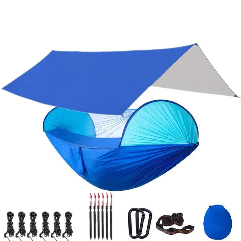 Camping Hammock with Mosquito Net, 118x118in Rain Fly Tarp, 10-Ring Tree Straps for Backpacking, Survival, Travel