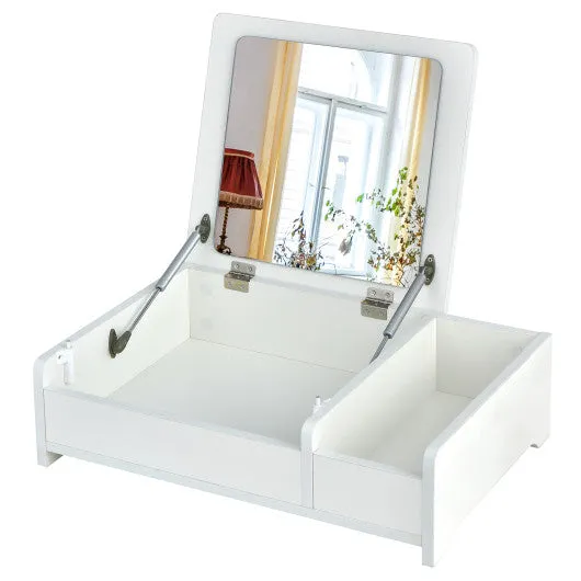 Compact Bay Window Makeup Dressing Table with Flip-Top Mirror-White