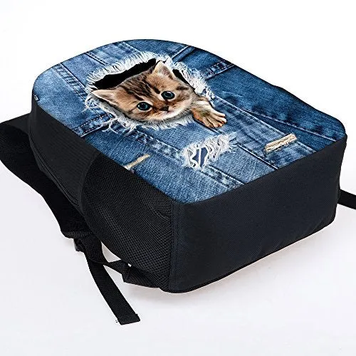 Doginthehole Sweety Cute Girls Denim Cat Dog Printed Backpacks For Boys Baby