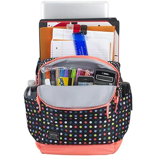 Eastsport Everyday Classic Backpack with Interior Tech Sleeve, Black/Peach Luster/Multi Color Dots