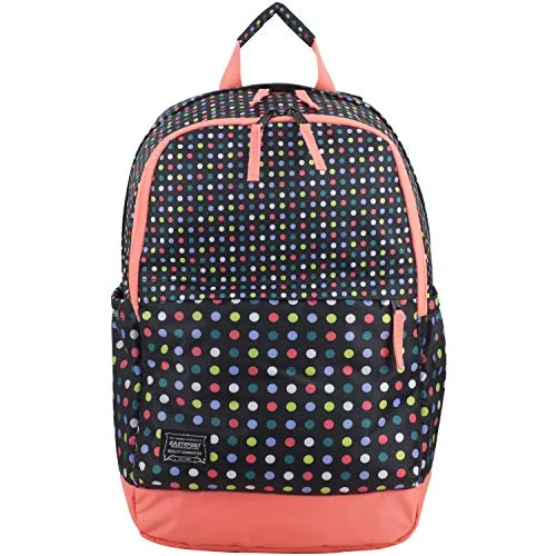 Eastsport Everyday Classic Backpack with Interior Tech Sleeve, Black/Peach Luster/Multi Color Dots