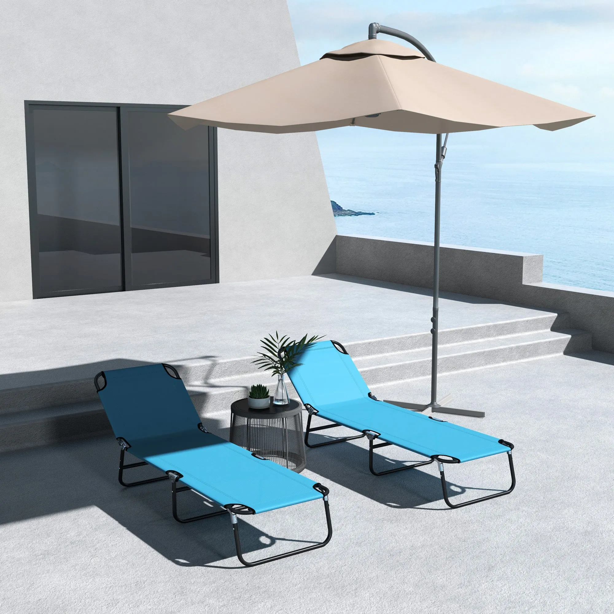 Foldable Sun Lounger Set of 2 with 5-Position Adjustable Backrest Outdoor Portable Recliner Chaise Lounge Chair with Breathable Mesh Fabric Sky Blue