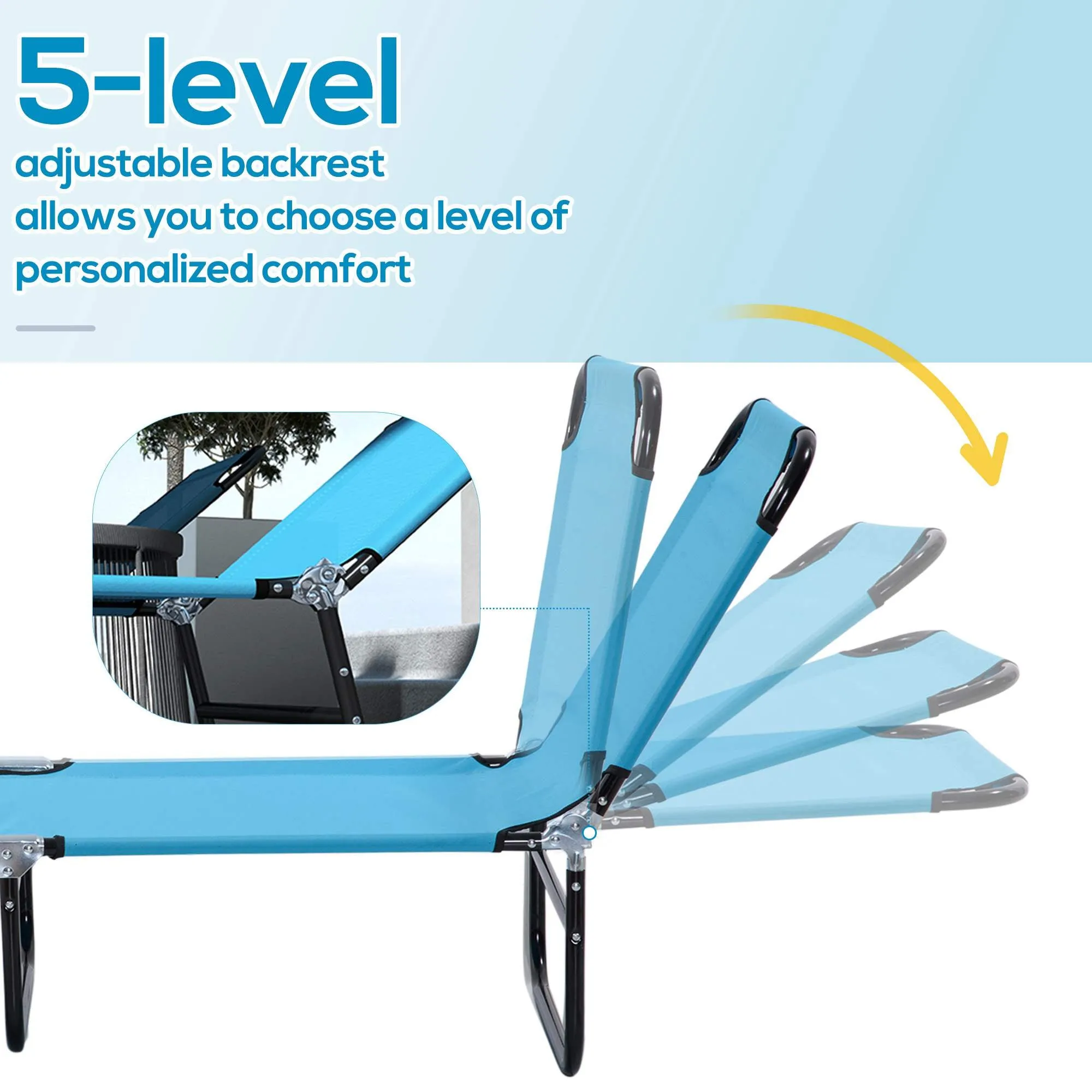 Foldable Sun Lounger Set of 2 with 5-Position Adjustable Backrest Outdoor Portable Recliner Chaise Lounge Chair with Breathable Mesh Fabric Sky Blue