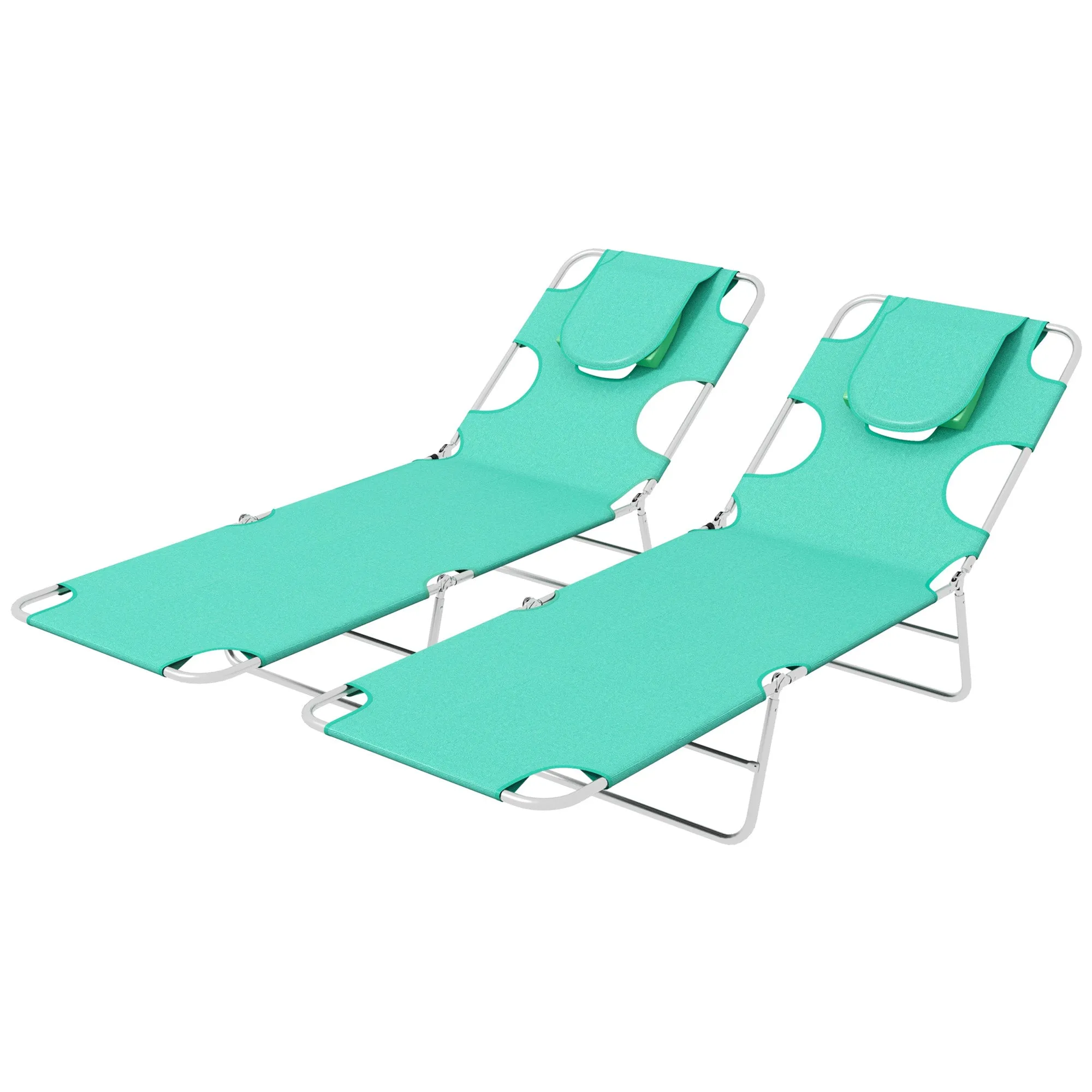 Foldable Sun Lounger Set of 2 with Reading Hole Portable Sun Lounger with 5 Level Adjustable Backrest Reclining Lounge Chair with Side Pocket Headrest Pillow Green