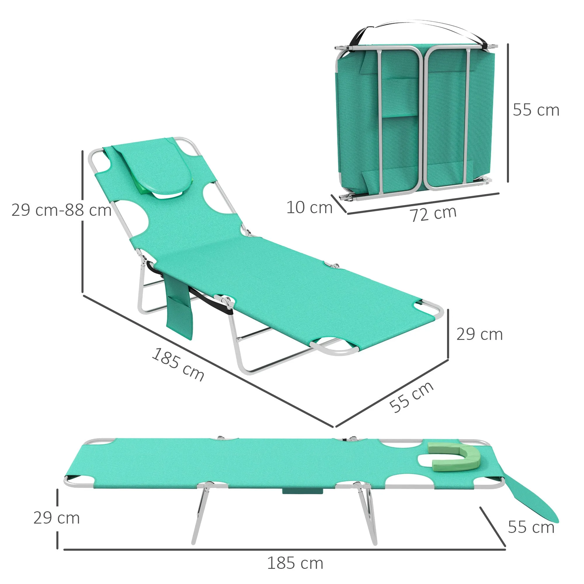 Foldable Sun Lounger Set of 2 with Reading Hole Portable Sun Lounger with 5 Level Adjustable Backrest Reclining Lounge Chair with Side Pocket Headrest Pillow Green