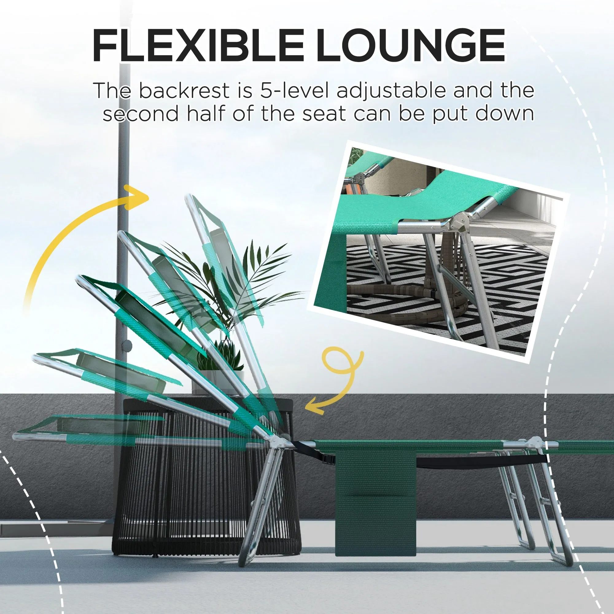 Foldable Sun Lounger Set of 2 with Reading Hole Portable Sun Lounger with 5 Level Adjustable Backrest Reclining Lounge Chair with Side Pocket Headrest Pillow Green