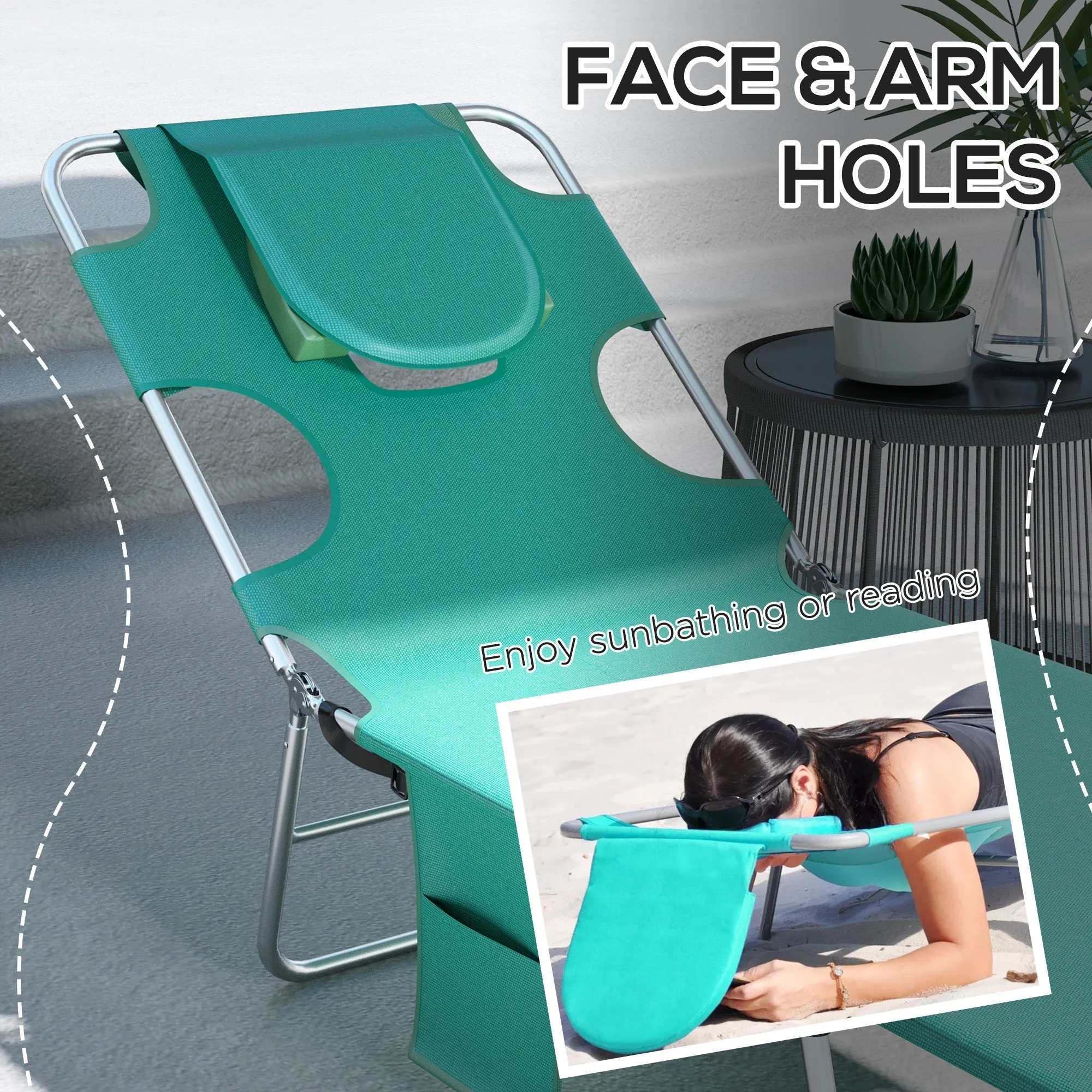 Foldable Sun Lounger Set of 2 with Reading Hole Portable Sun Lounger with 5 Level Adjustable Backrest Reclining Lounge Chair with Side Pocket Headrest Pillow Green