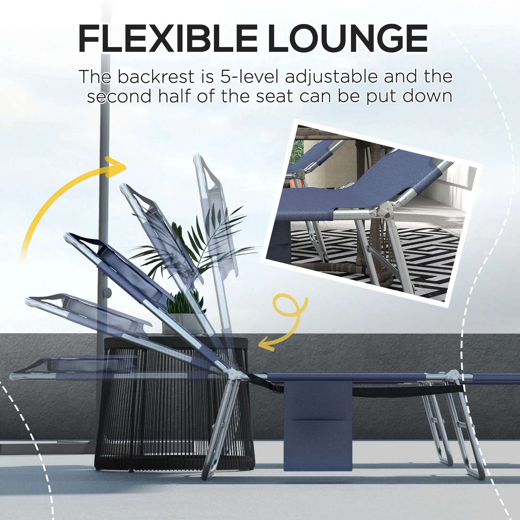 Foldable Sun Lounger Set of 2 with Reading Hole Portable Sun Lounger with 5 Level Adjustable Backrest Reclining Lounge Chair with Side Pocket Headrest Pillow Grey