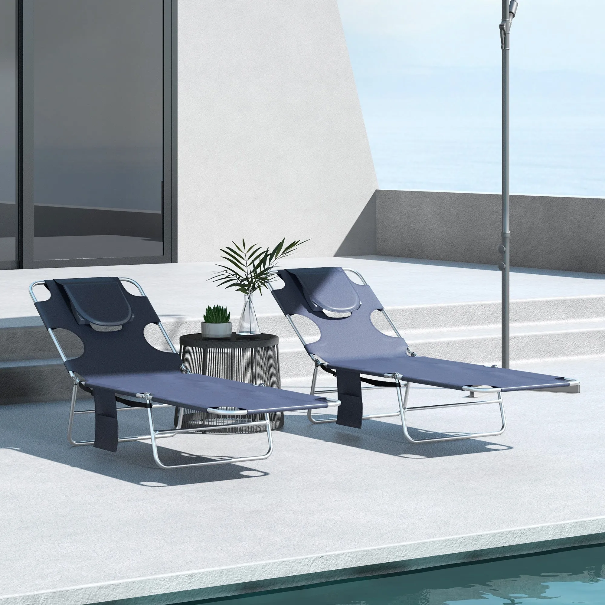 Foldable Sun Lounger Set of 2 with Reading Hole Portable Sun Lounger with 5 Level Adjustable Backrest Reclining Lounge Chair with Side Pocket Headrest Pillow Grey