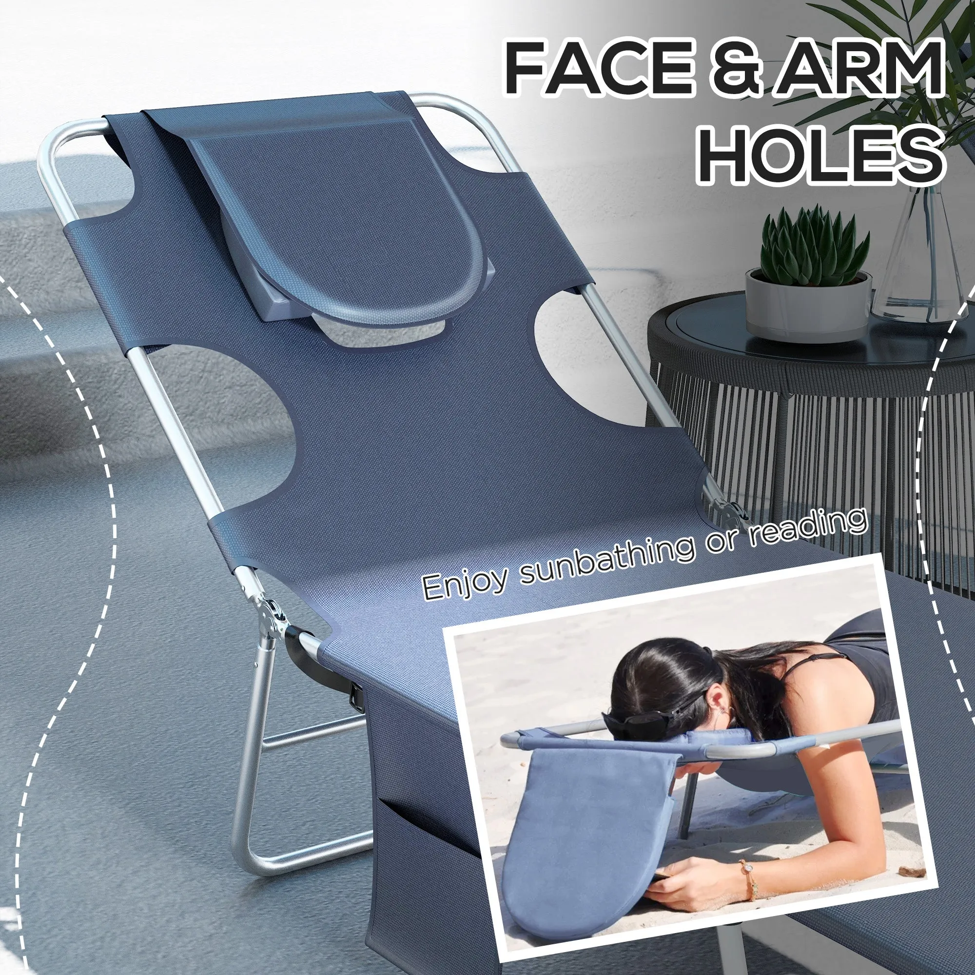 Foldable Sun Lounger Set of 2 with Reading Hole Portable Sun Lounger with 5 Level Adjustable Backrest Reclining Lounge Chair with Side Pocket Headrest Pillow Grey