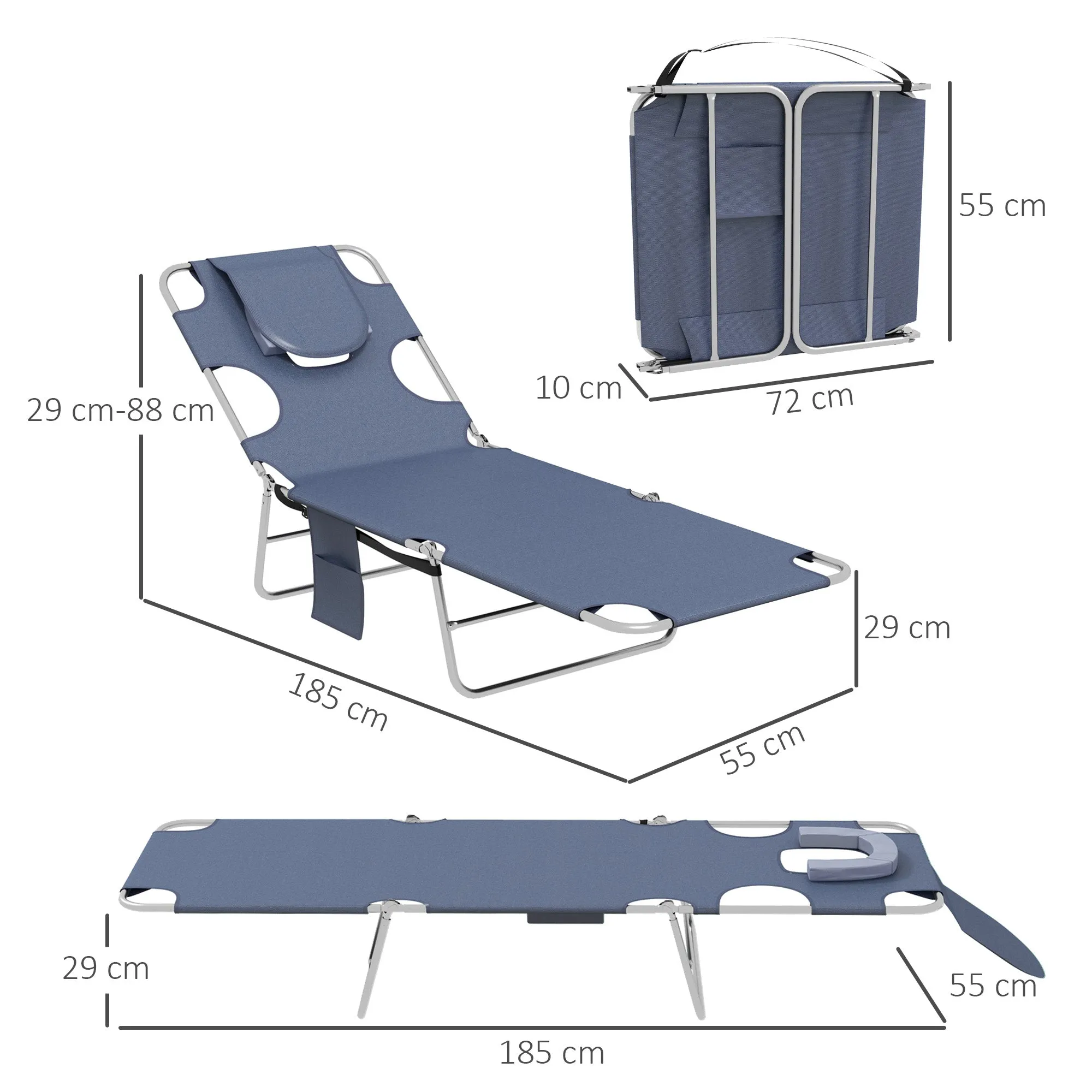 Foldable Sun Lounger Set of 2 with Reading Hole Portable Sun Lounger with 5 Level Adjustable Backrest Reclining Lounge Chair with Side Pocket Headrest Pillow Grey