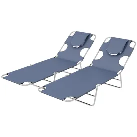 Foldable Sun Lounger Set of 2 with Reading Hole Portable Sun Lounger with 5 Level Adjustable Backrest Reclining Lounge Chair with Side Pocket Headrest Pillow Grey