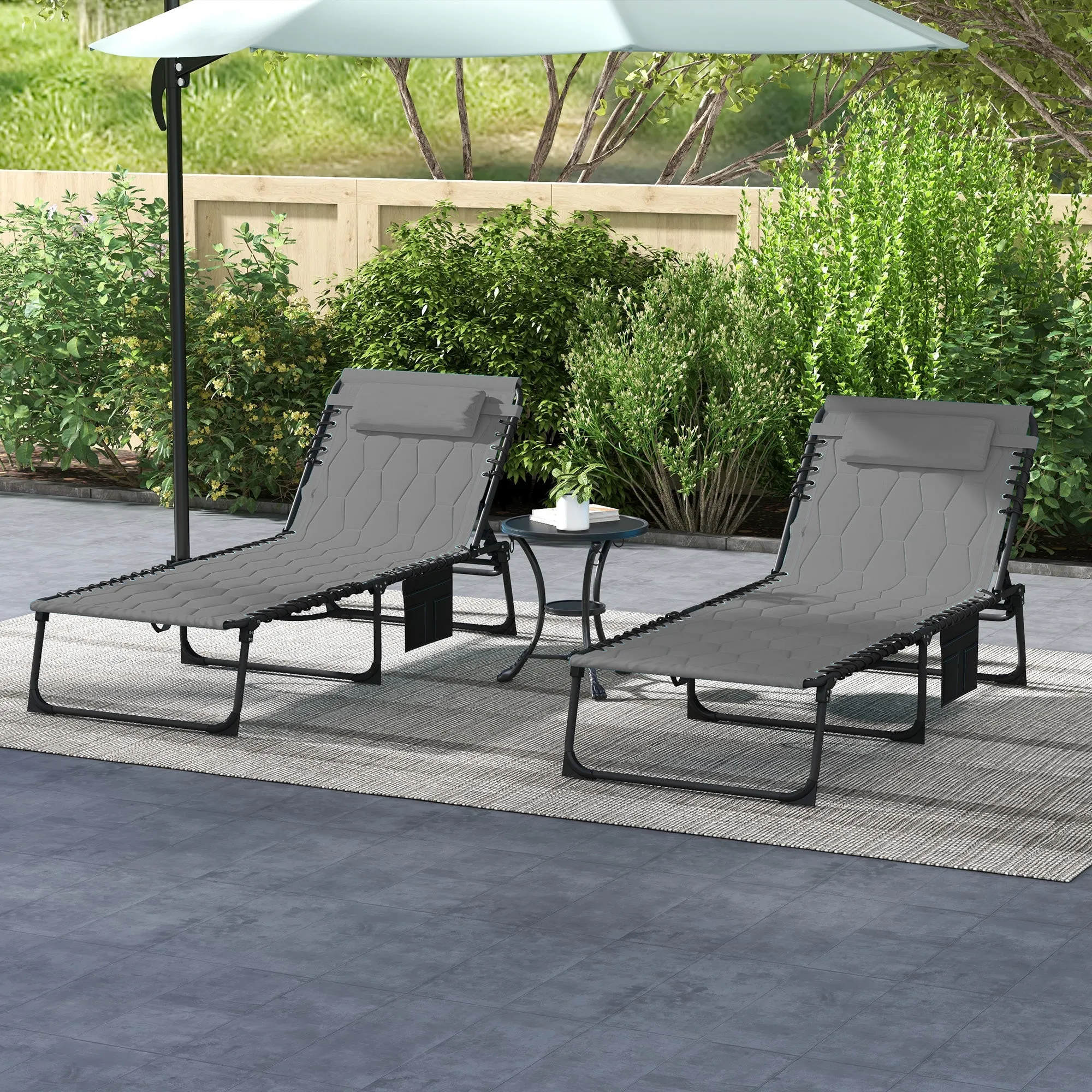 Foldable Sun Lounger Set with 5-level Reclining Back Outdoor Tanning ChairsWith Padded Seat Outdoor Sun Loungers with Side Pocket