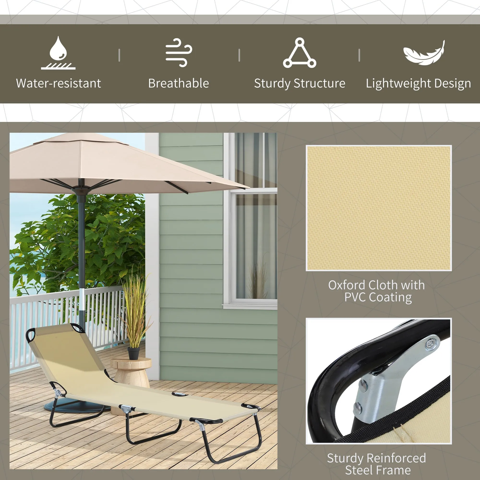 Foldable Sun Lounger with 5-Position Adjustable Backrest Outdoor Portable Recliner Chaise Lounge Chair with Breathable Mesh Fabric Beige