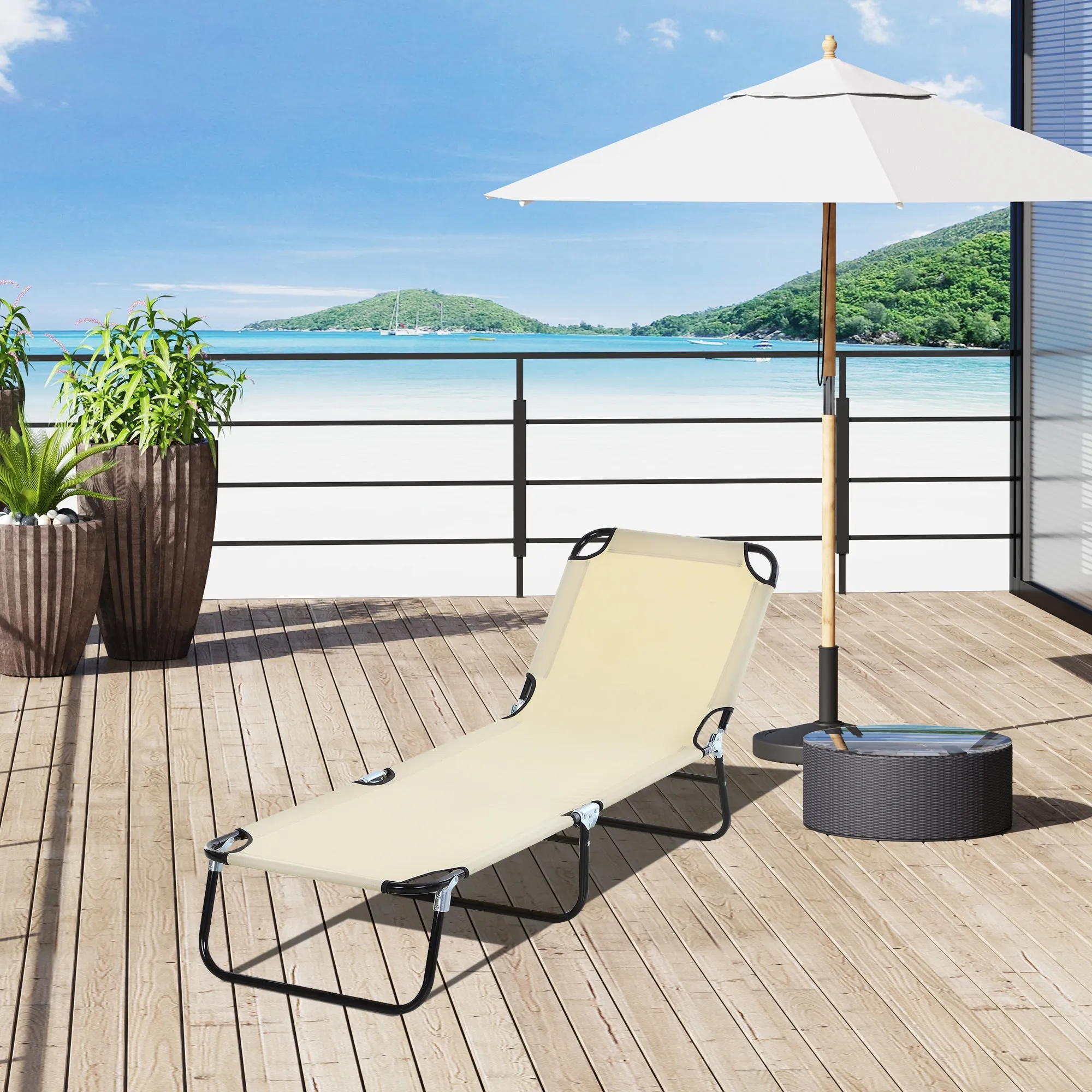 Foldable Sun Lounger with 5-Position Adjustable Backrest Outdoor Portable Recliner Chaise Lounge Chair with Breathable Mesh Fabric Beige