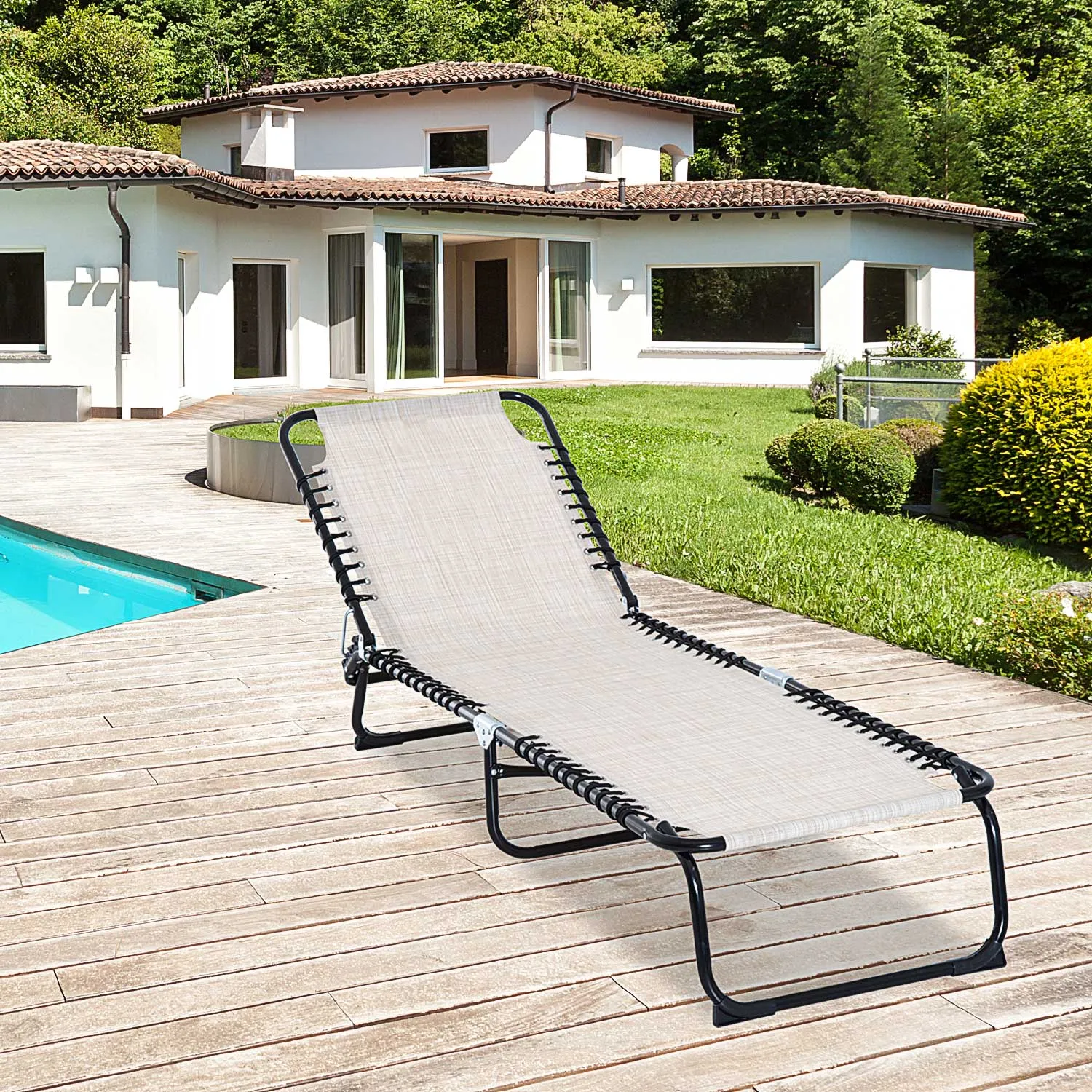 Folding Chaise Lounge Chair Reclining Garden Sun Lounger with 4-Position Adjustable Backrest for Patio Deck and Poolside Cream White