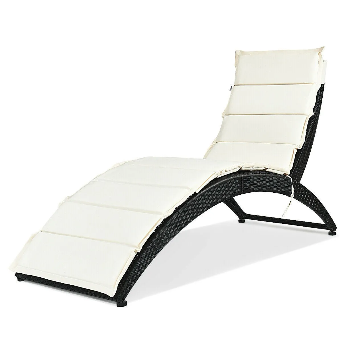 Folding Patio Rattan Portable Lounge Chair Chaise with Cushion/Beige