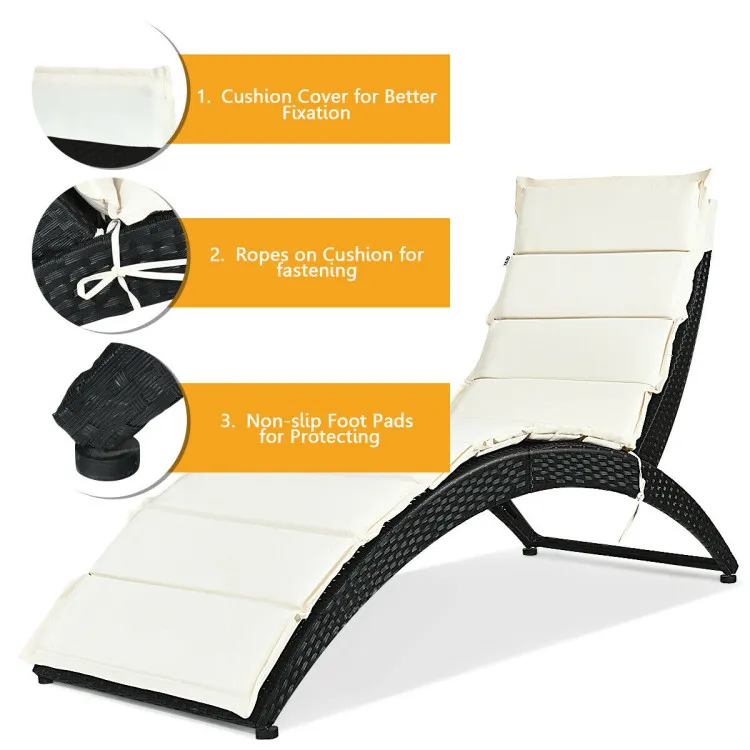 Folding Patio Rattan Portable Lounge Chair Chaise with Cushion/Beige