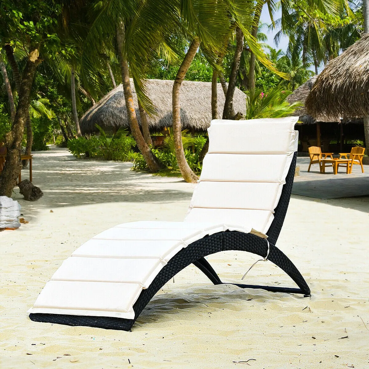Folding Patio Rattan Portable Lounge Chair Chaise with Cushion/Beige