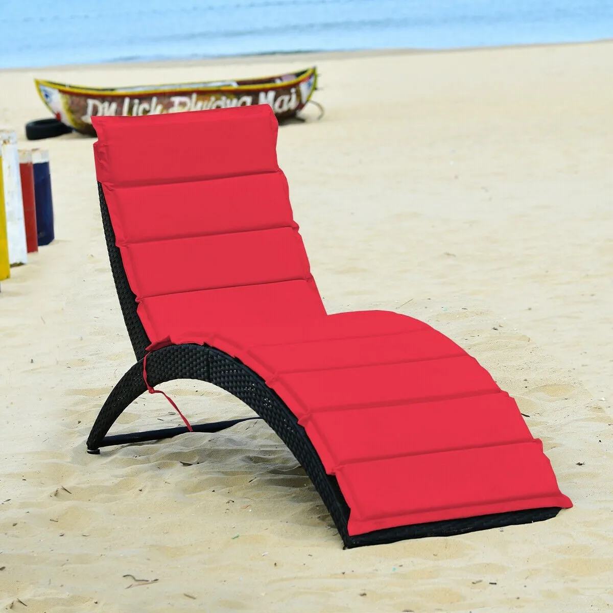 Folding Patio Rattan Portable Lounge Chair Chaise with Cushion/Red