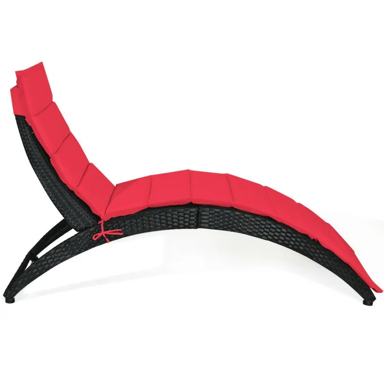 Folding Patio Rattan Portable Lounge Chair Chaise with Cushion/Red