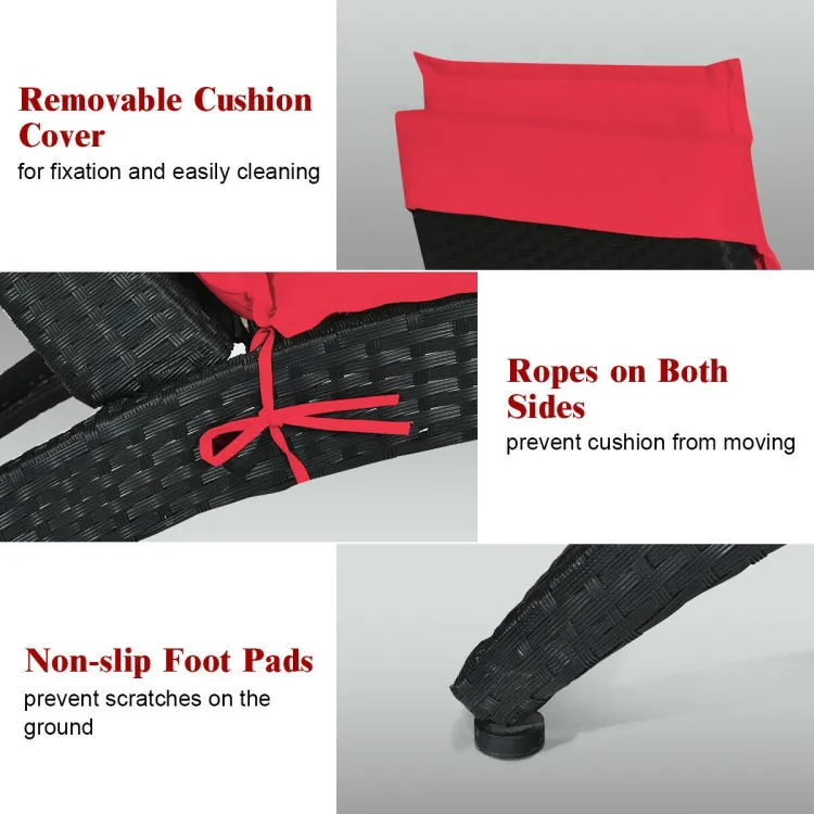 Folding Patio Rattan Portable Lounge Chair Chaise with Cushion/Red