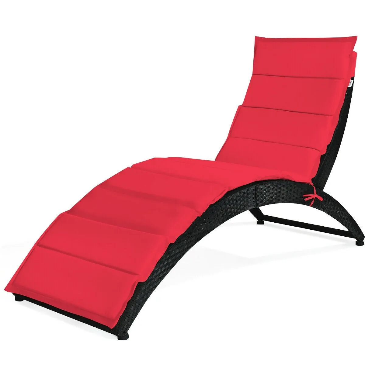 Folding Patio Rattan Portable Lounge Chair Chaise with Cushion/Red