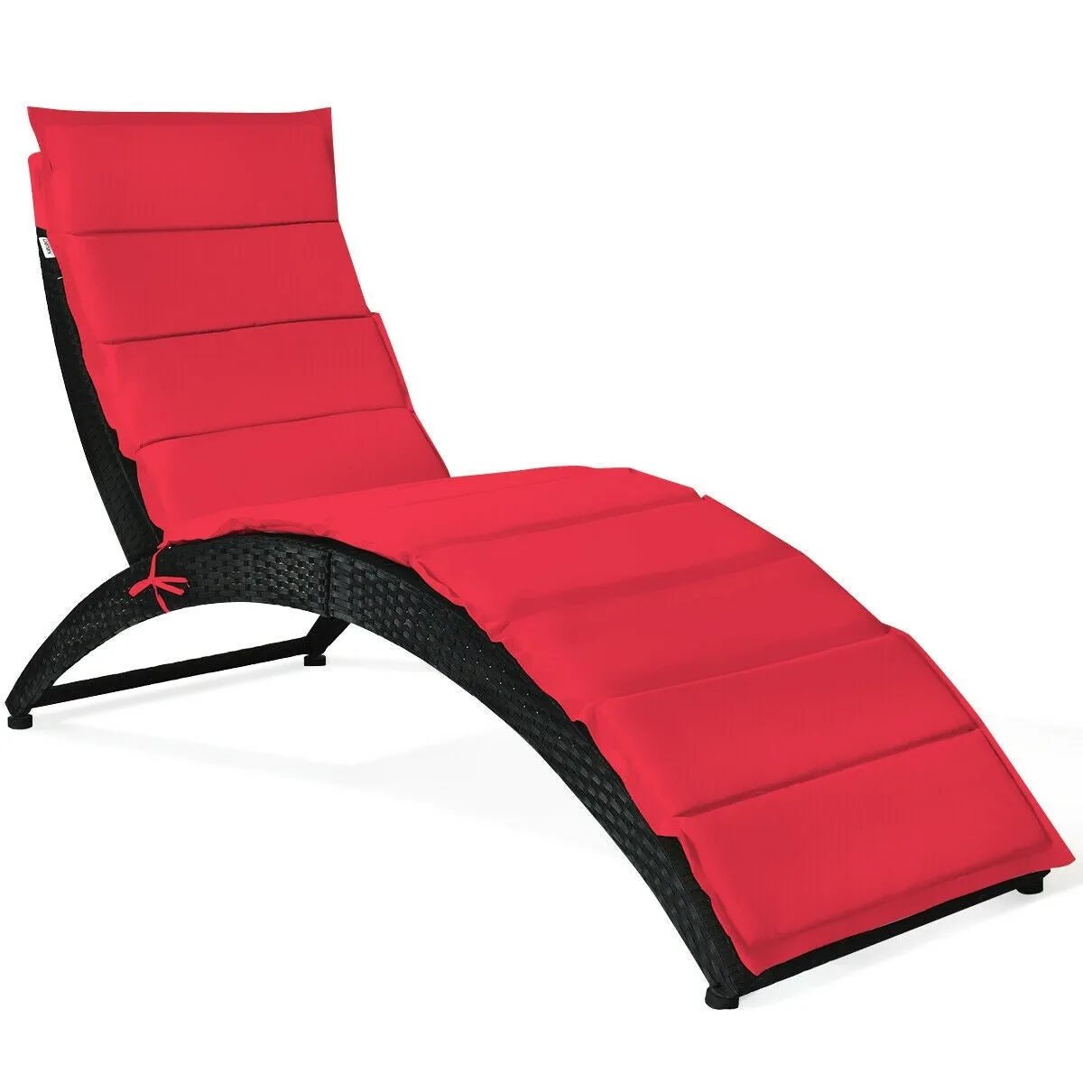 Folding Patio Rattan Portable Lounge Chair Chaise with Cushion/Red