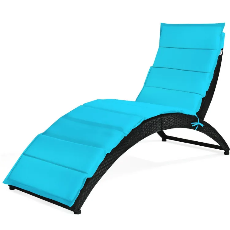 Folding Patio Rattan Portable Lounge Chair Chaise with Cushion/Turquoise